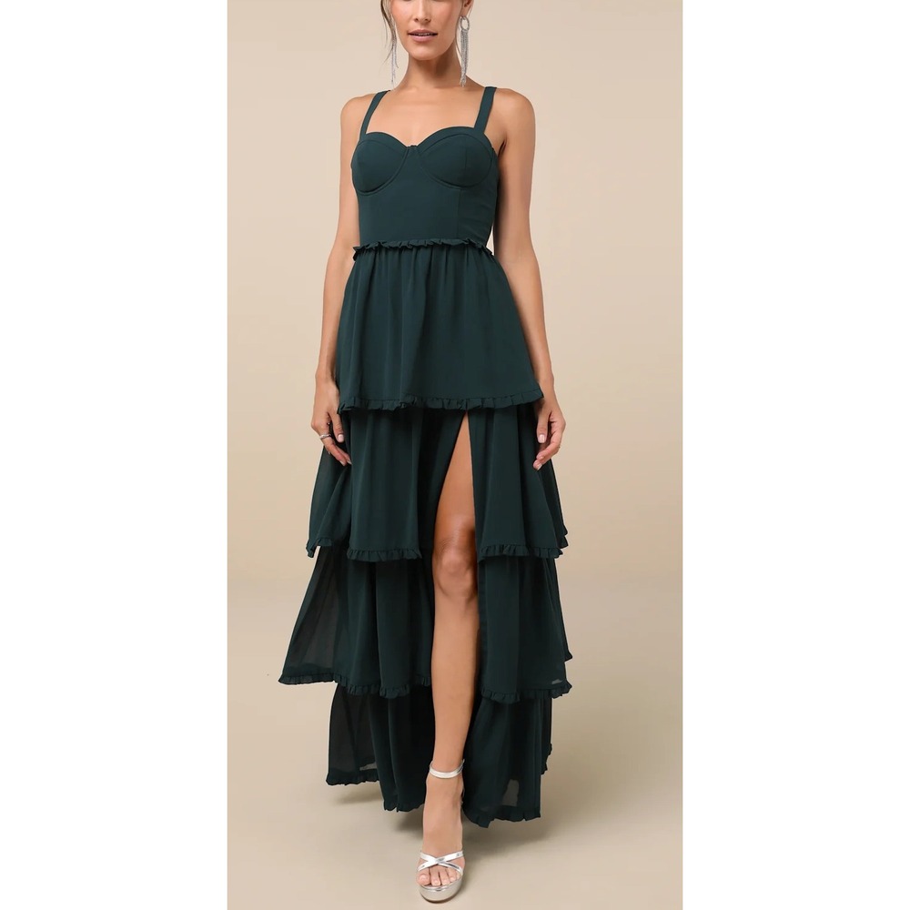 NWT Lulus‎ Sophisticated Occasion Emerald Green Bustier Lace-Up Maxi Dress XS